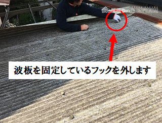 波板を固定しているフックを外す
