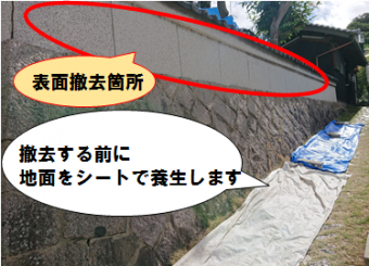 寝屋川市 塀撤去復元工事(地面をシートで養生)