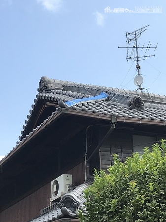 昨年の台風21号で飛散した隅棟、落ちそうな瓦を取り除いてシート養生がしてあります