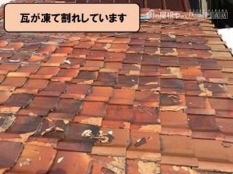 瓦が凍て割れしています