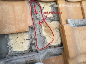 瓦下を雨水が流れた跡