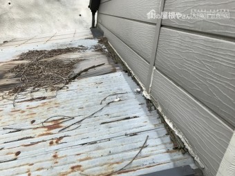 壁際の板が朽ちてコーキングが切れています。