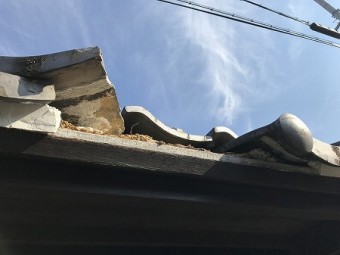 瓦だけじゃなく、軒先の雀口の漆喰も破損しています。
