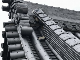本堂の降棟が崩れかかっています。
