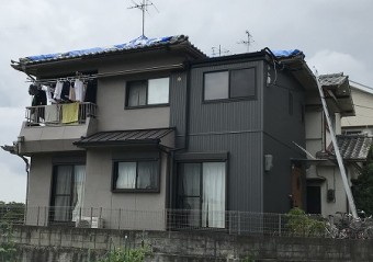 屋根にブルーシートはり完了です。