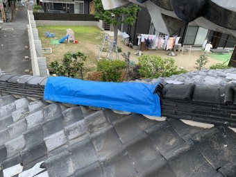 下屋根の隅棟にシートが