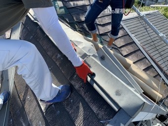 めくれ上がった棟包板金を取り外します。