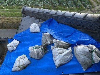 2F屋根から瓦が落下してきて下屋根の瓦が割れた状態です。
