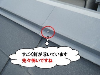 棟板金の釘が浮いている