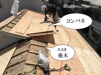 寝屋川市 垂木で嵩上げしコンパネを貼っていく