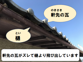 茨木市 軒先瓦がズレて樋より飛び出しています