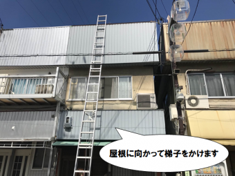 門真市 屋根にはしごを掛けます