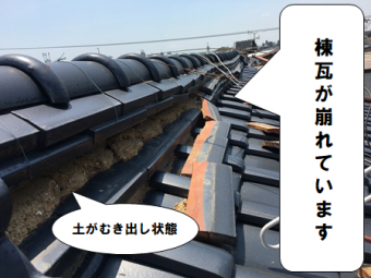 守口市 棟瓦が崩れて土がむき出し状態