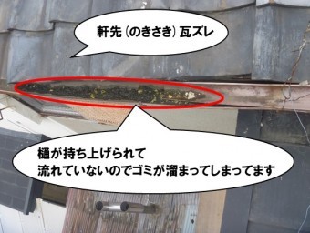 軒先瓦ズレ、樋にゴミ