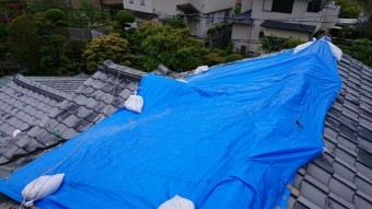 雨漏りがするので、シート養生がしてありました。
