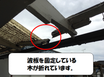 寝屋川市 波板を固定する木が折れています