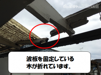寝屋川市 波板を固定する木が折れています
