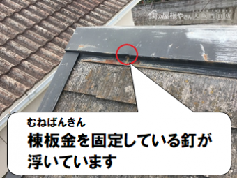 寝屋川市 棟板金を固定している釘が浮いています