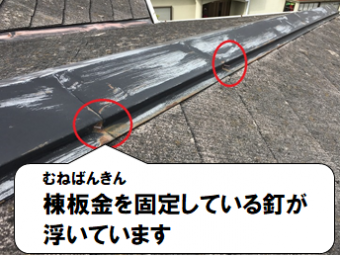 寝屋川市 棟板金を固定している釘が浮いています