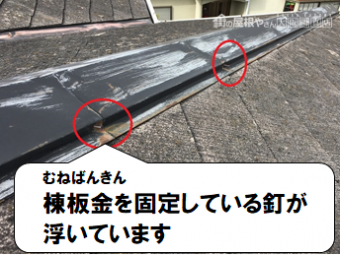 寝屋川市 棟板金を固定している釘が浮いています