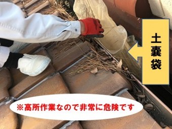 落ち葉を取り除き土嚢袋に入れていきます