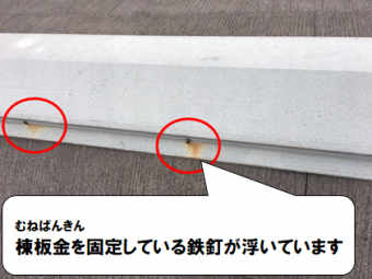 守口市 棟板金を固定している鉄釘が浮いています