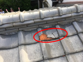 瓦が凍て割れしている