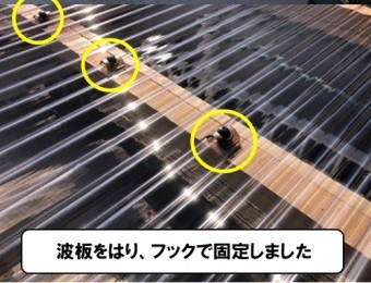 波板張替え、フックで固定