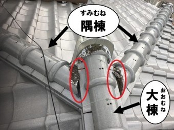 大棟と隅棟瓦の接点部に隙間あり