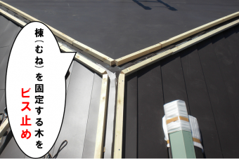 棟を固定する木をビス止め